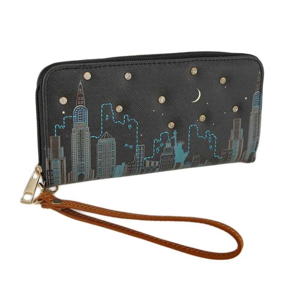Colorful Cityscape Scene Textured Vinyl Zip Around Wallet